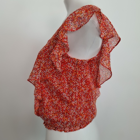 CeCe Red Ditsy Floral Ruffle Flutter Sleeve Blouse Size  XS - Picture 3 of 10
